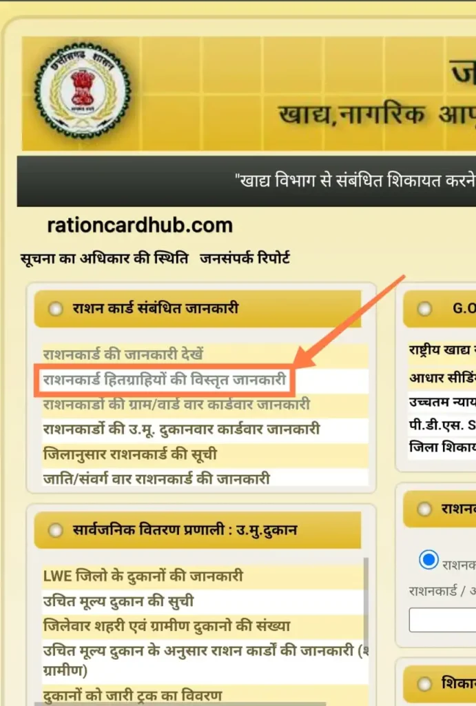 छत्तीसगढ़ खाद्य विभाग पोर्टल राशन कार्ड लिस्ट चेक करने के मेनू 