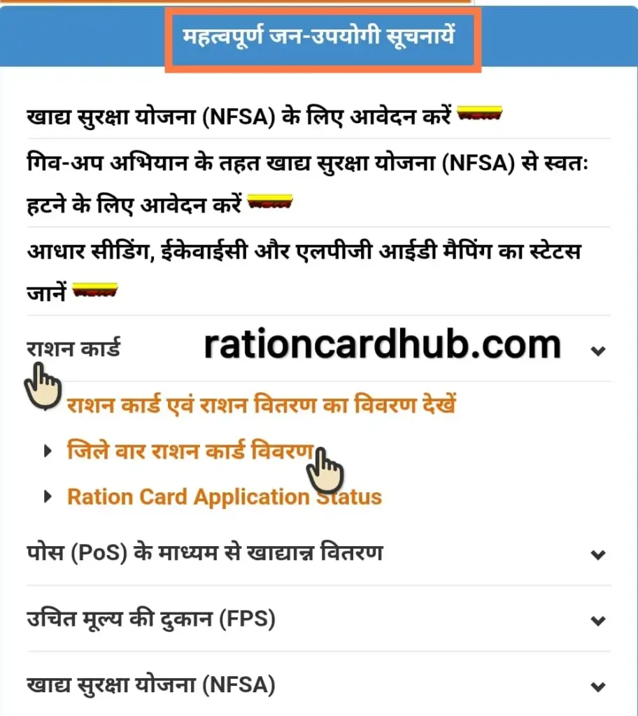 शहरी राशन कार्ड लिस्ट चेक करने के लिए राजस्थान सरकार की खाद्य एंव नागरिक आपूर्ति विभाग पोर्टल पर कुछ विकल्प